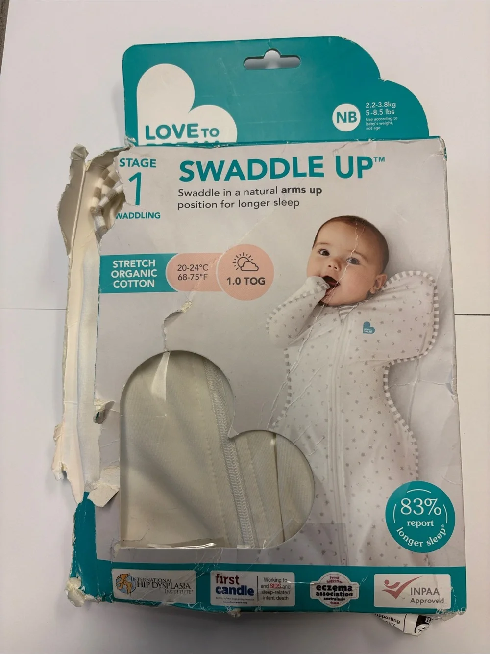 Love to Dream Swaddle Up One-Piece in White with Gray Star Print NB 5-8.5 lbs.